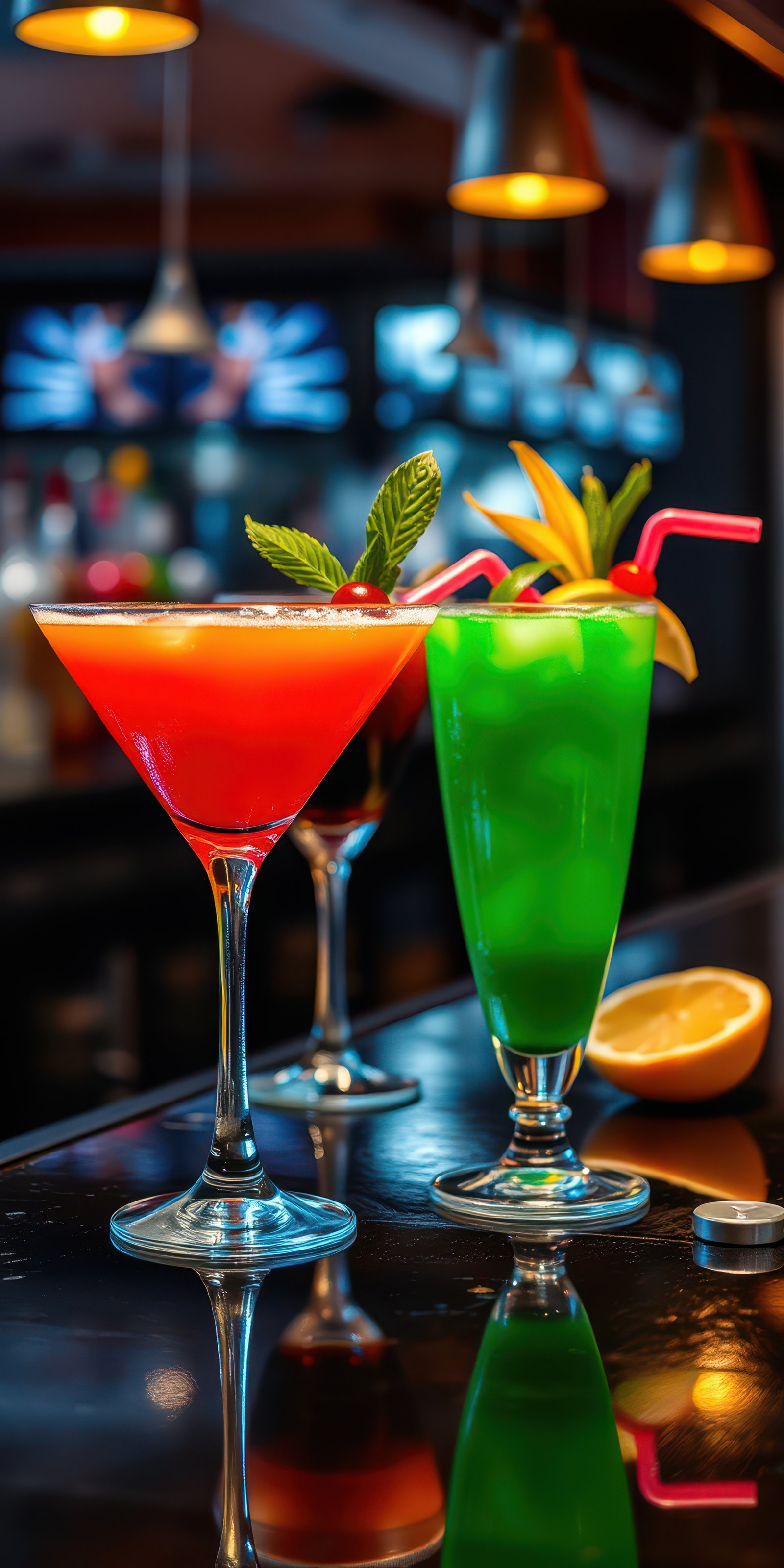Colorful cocktails served in glassware at a lively bar during the evening hours